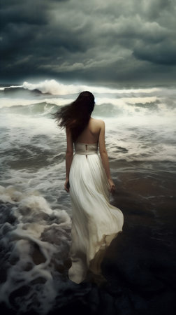 woman storm cloud beach ocean sea summer nature dress outdoors sky. Generative AI.の素材