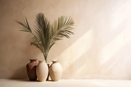 wall design home vase decor plant concrete sunlight interior shadows beige. Generative AI.の素材