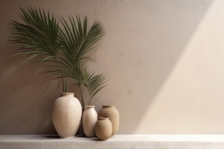 interior beige vase design concrete home sunlight wall shadows decor empty. Generative AI.の素材