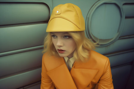 woman creative face art hat latex fashion beauty portrait glasses colourful. Generative AI.の素材