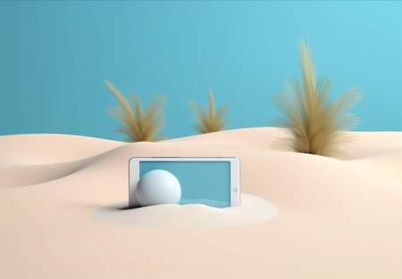 cyber summer phone mock sea concept up sand creative palm holiday. Generative AI.の素材