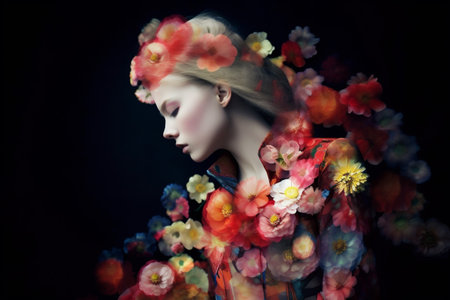 woman flower peony spring beauty bouquet fashion portrait summer blossom art. Generative AI.の素材