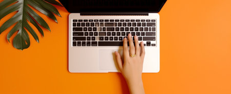 background notebook hand computer leaf palm orange business office keyboard laptop. Generative AI.の素材