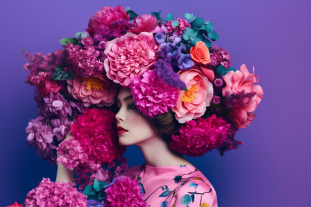 beauty woman summer face art portrait bouquet spring peony fashion flower. Generative AI.の素材