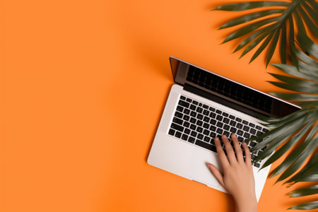 orange office laptop background space leaf palm hand computer keyboard business. Generative AI.の素材