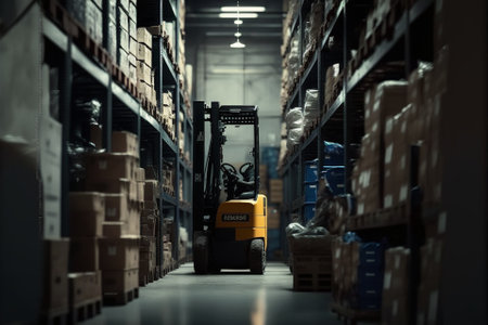 Forklift for moving items and boxes in a product warehouse, sorting and delivery technology machines. Generative AIの素材