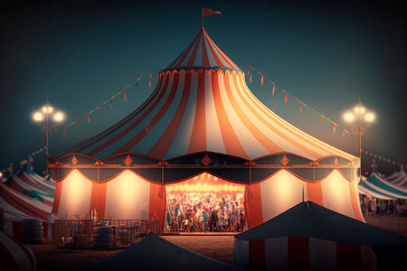 Circus Day, a festive red and white circus tent on the day of the festival against the backdrop of the city with people. Entertaining holiday concept and fun glowing lights. Generative AI.の素材