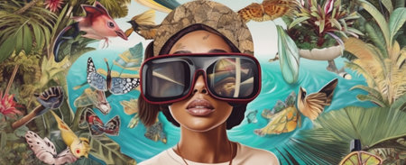woman vr future virtual abstract digital summer reality travel glasses technology. Generative AI.の素材