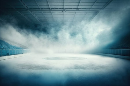 Indoor ice rink with fog and steam empty with no players and arena for spectators, illuminated sophisticates before hockey and figure skating games. Generative AIの素材