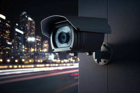 CCTV camera on the facade of the building, public safety of the urban environment, technology for surveillance at night on the street. Property protection. Generative AI.の素材
