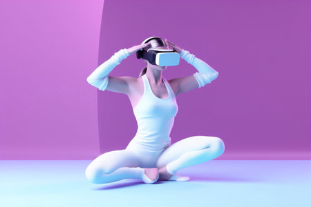 lifestyle woman vr reality innovation neon glasses sport game digital virtual. Generative AI.の素材