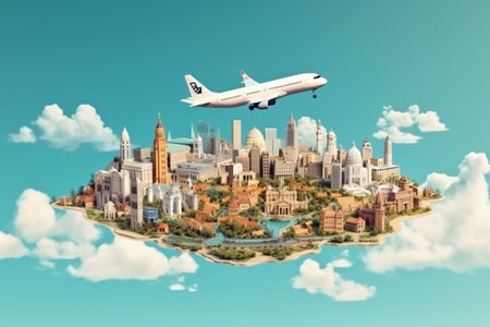 earth city illustration globe global concept travel plane europa map. Generative AI.の素材