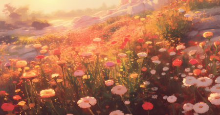 flower blooming nature field pink beautiful blossom background violet sunset meadow. Generative AI.の素材