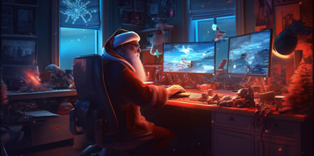 character family home laptop holiday house communication happy santa christmas. Generative AI.の素材