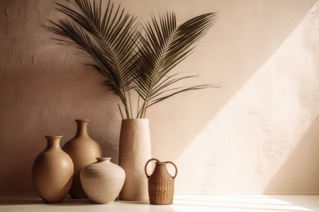 home vase design sunlight wall shadows beige concrete house decor interior. Generative AI.の素材