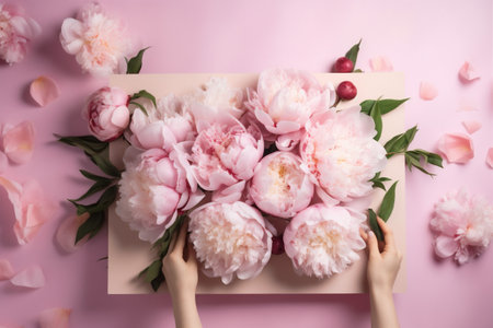 egg peony flower pink easter floral white spring holiday blossom background. Generative AI.の素材