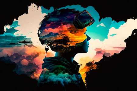 vr headset, double exposure, metaversion, futuristic virtual world, state of consciousness, technology virtual cyberspace game of consciousness, colored clouds, 3d glasses child future. Generative AI.の素材