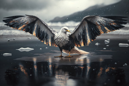 Seagull on the sand beach by the ocean in the oil and fuel oil, ecological disaster in the sea, nature in danger, the problem with the ecology of the planet earth. Generative AI.の素材