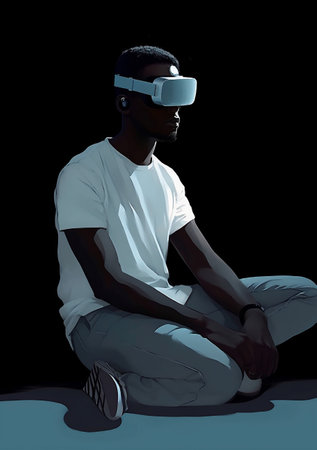 digital man futuristic goggles technology gadget cyber glasses vr headset simulation. Generative AI.の素材