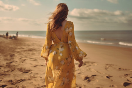 woman sun sea beach person beautiful hippie summer lifestyle dress fashion. Generative AI.の素材