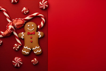 holiday man food delicious happy cookie red gingerbread christmas sweet decoration background. Generative AI.の素材