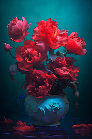 colours blossom design neon bright nature peony bloom flower flora. Generative AI.の素材