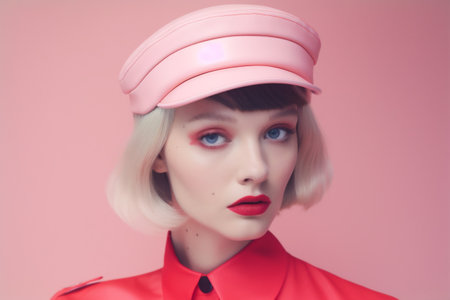 woman glasses pop colourful hat portrait art latex beauty fashion creative. Generative AI.の素材