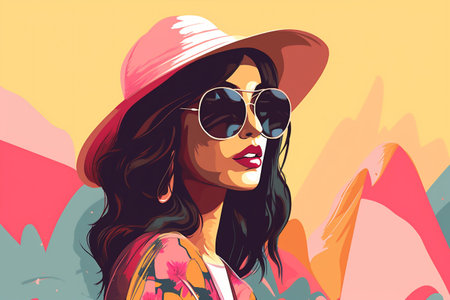 woman girl portrait style design fashion poster glasses illustration retro modern. Generative AI.の素材