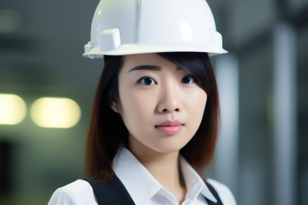 woman engineer technician industry background asian smile business job portrait industrial helmet. Generative AI.の素材