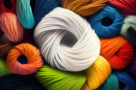 knitting threads on white insulated background, color, multicolor, bright, eco, eco-friendly, skein of yarn for creativity hands. Generative AIの素材