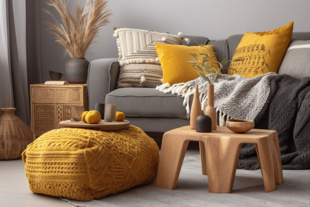 pillow cushion sofa interior background modern home lifestyle yellow grey house decor. Generative AI.の素材