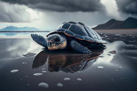 Big sea turtle on the sand beach by the ocean in the oil and fuel oil, ecological disaster, nature in danger, the problem with the ecology of the planet earth. Generative AI.の素材