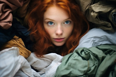 Portrait woman dirty happiness clothes lying girl happy colorful looking children smile laundry lifestyleの素材