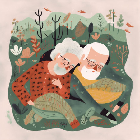together woman man bed happy old adult asleep love married retired couple. Generative AI.の素材