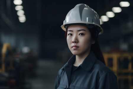 project woman helmet smile portrait job business industry industrial asian engineer. Generative AI.の素材