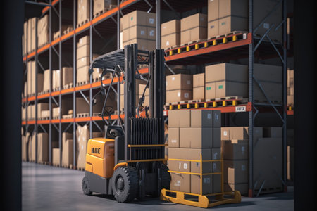 Forklift for moving items and boxes in a product warehouse, sorting and delivery technology machines. Generative AIの素材