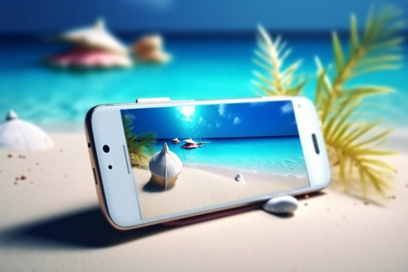 sand palm cyber creative up holiday sea summer phone concept mock. Generative AI.の素材