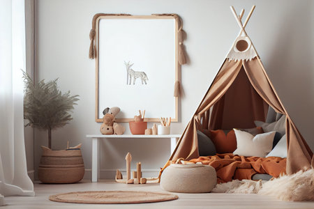 Childrens bright room in modern Scandinavian style, eco concept with wooden elements, toys and frame with poster mockup. Generative AIの素材
