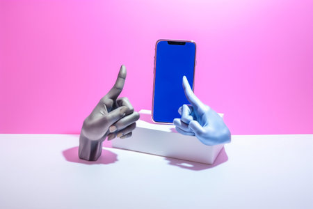 hand purple background art phone style online modern screen collage design. Generative AI.の素材