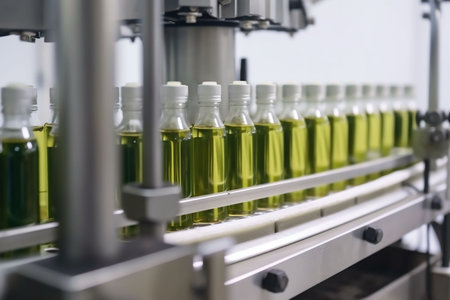 liquid bottle production industry factory olive plant oil mill agriculture. Generative AI.の素材