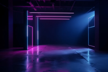 smoke background rays fog room abstract light blue space neon glowing. Generative AI.の素材