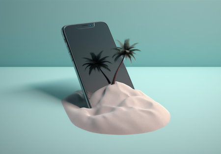 holiday sand palm cyber summer up mock creative sea phone concept. Generative AI.の素材
