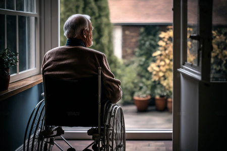 An elderly man sits in a wheelchair in a nursing home and looks out the window at nature, breathes fresh air, loneliness. Generative AI.の素材