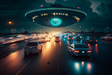 UFO night flying saucer in the dark sky over the road with cars, contact with aliens, another civilization, cover illustration. Generative AI.の素材