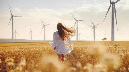 Nature woman turbine back wind energy run ecology technology generate electricityの素材