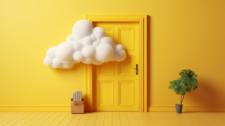 cloud showcase stage cylinder pedestal room empty yellow abstract minimal. Generative AI.の素材