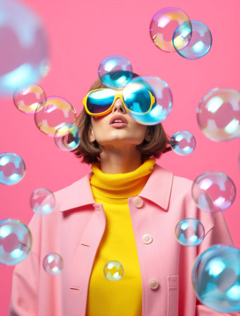 Hipster glamour bubbles pink fashion balloon party trendy glasses modelの素材