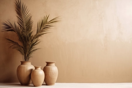 home wall shadows design idea beige interior decor vase sunlight concrete. Generative AI.の素材