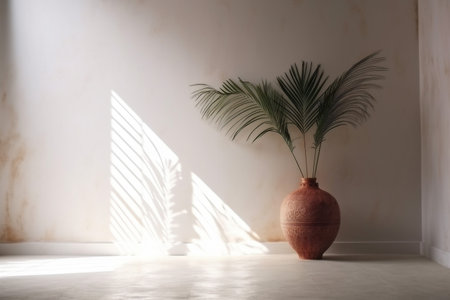 wall concrete sunlight design vase palm decor home shadows interior tree grey. Generative AI.の素材