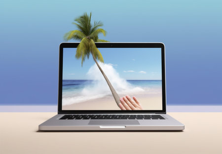beach laptop tropical concept tree computer palm vacation travel summer. Generative AI.の素材